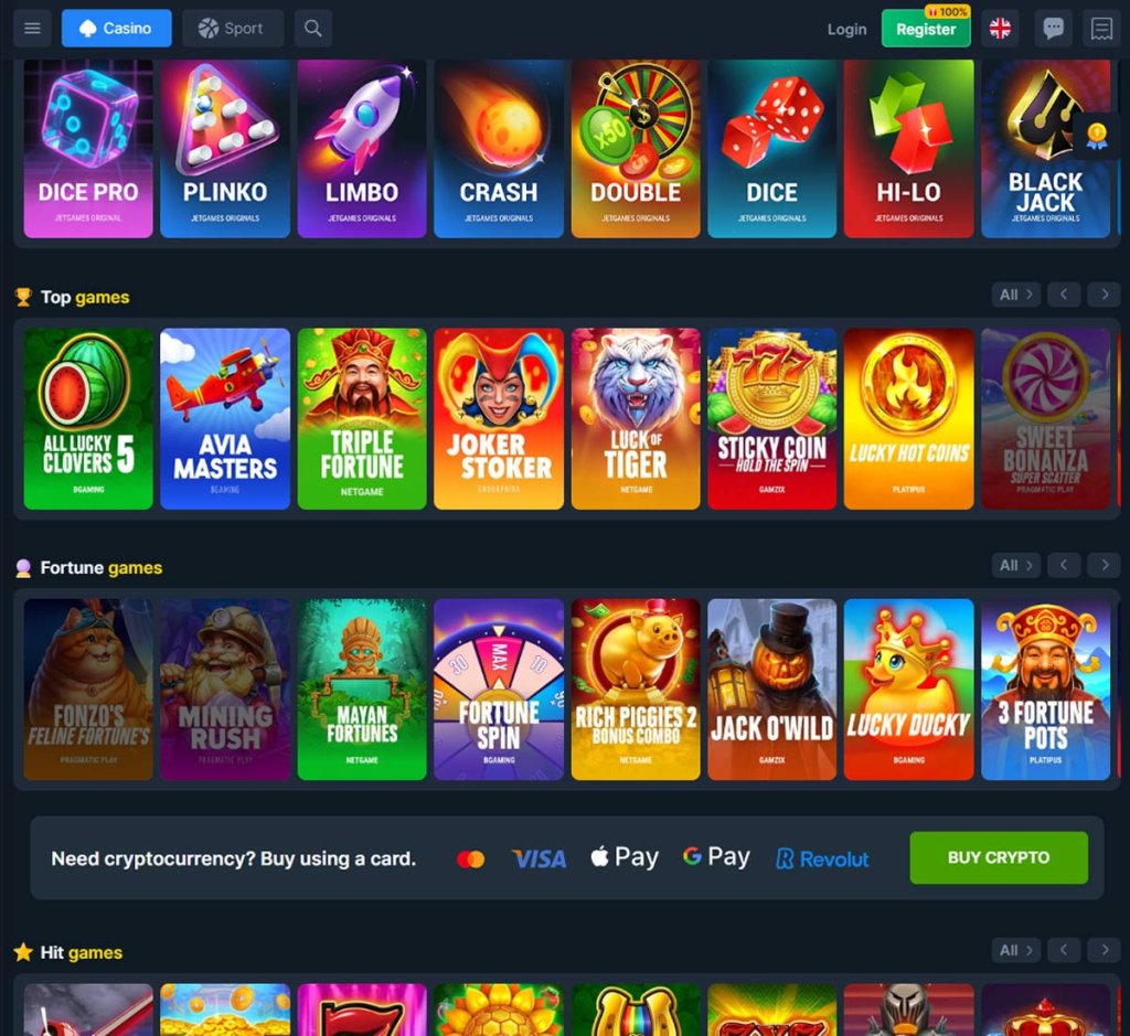 Coins Game casino games lobby with original games, top slots and fortune games categories