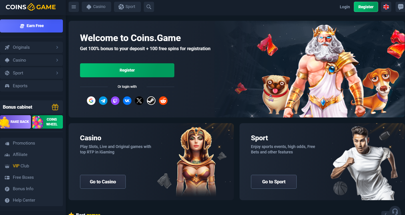 Coins Game casino homepage with welcome bonus banner offering 100% deposit bonus and 100 free spins