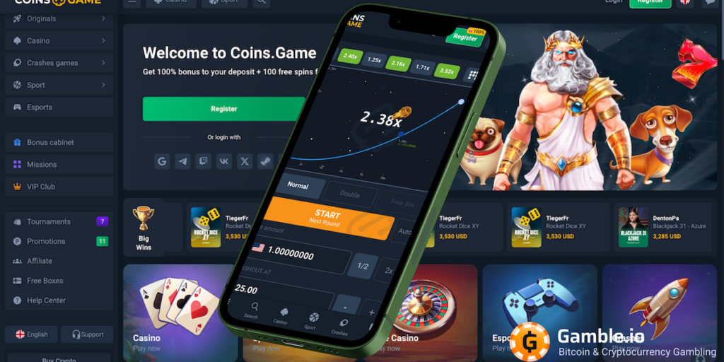 Coins.Game mobile casino app on a smartphone showing a crash game next to the desktop lobby