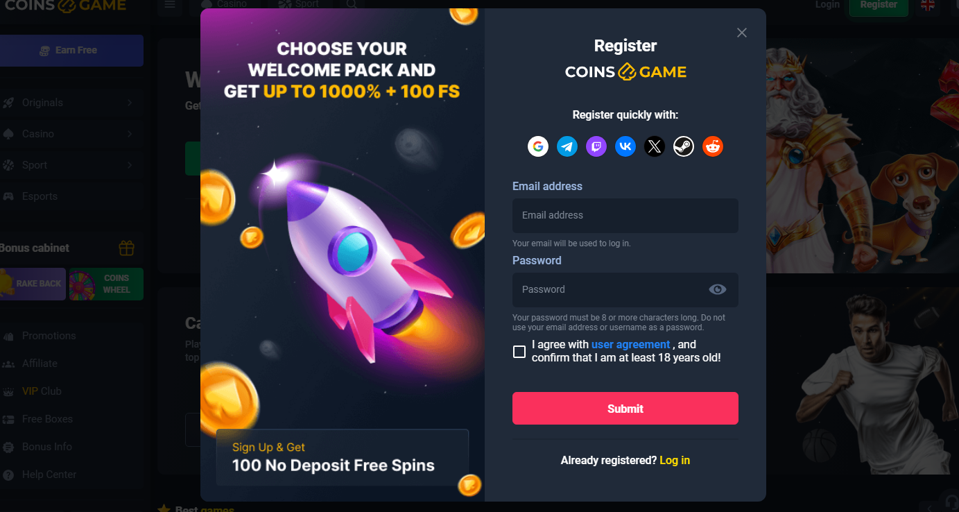 Coins.Game registration window with welcome pack up to 1000% and no deposit free spins offer